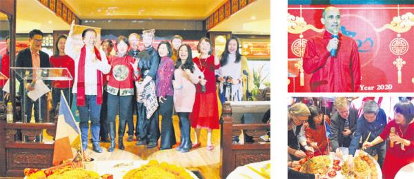 大图：法国马来西亚社团成员在中国新年的庆典午宴上合影。马来西亚社团主席叶俊聪（前排左一）、副主席Phebe Perrin（前排左二）；右上图：马来西亚驻法国、摩纳哥和葡萄牙大使，及马来西亚社团保护人阿兹法尔•穆罕默德•穆斯塔法（Azfar Mohamad Mustafar）博士阁下新年致辞；右下图：午宴捞生；（摄影：林莲怡/看中国）
