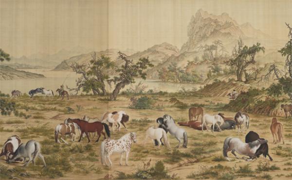 绢本《百骏图》（局部）。《百骏图》是中国十大传世名画之一，创作于1724-1728年，画中的马匹都是雍正帝的马。画幅纵102cm，横813cm，现收藏于国立故宫博物院。作者以欧洲的绘画方法注重于表现马匹的解剖结构、体积感和皮毛的质感，使得笔下的马匹形象造型准确、比例恰当、凹凸立体；而植物的墨线勾勒，石块土坡的皴擦、物体的阴影表现均运用中国传统手法完成。画作以写实为工，专注形似，极具开拓性。（郎世宁/Wikipedia/公有领域）