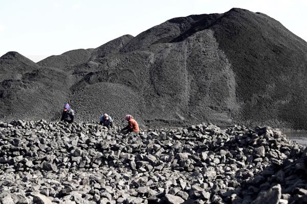 2021年11月3日，工人在中国北部山西大同一个煤矿附近分拣煤炭。（NOEL CELIS/AFP via Getty Images）