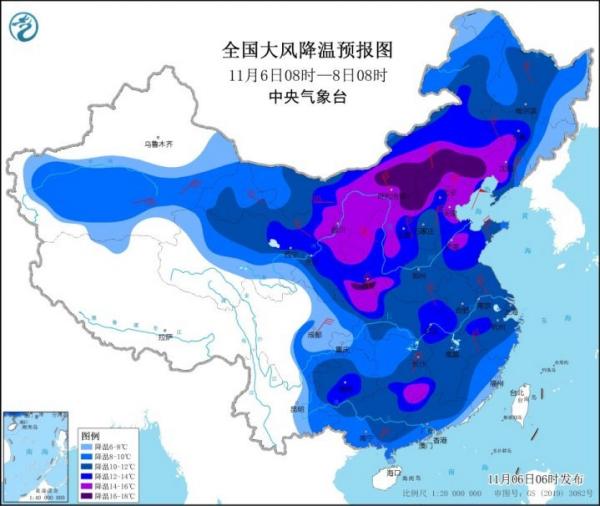 北方下来一股冷气团横扫中国大地。（图片来源：中国中央气象台）