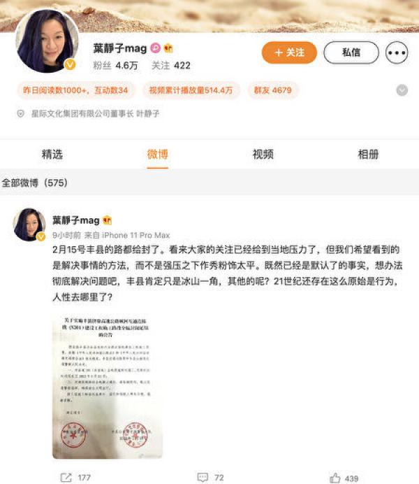 叶静子在微博上声援徐州丰县“锁链女”事件，引发网民关注。（图片来源：网页截图）