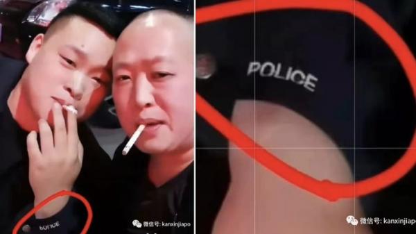 网络流传一嫌疑人与穿着绣有“police”字样的男子自拍视频，同时流传“给了局长60万保释金之后放人”的说法。（图片来源：网络截图）