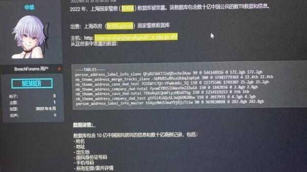 上海公安系统疑似发生大规模个资泄漏，涉及全中国10亿人。（图片来源：推特截图）