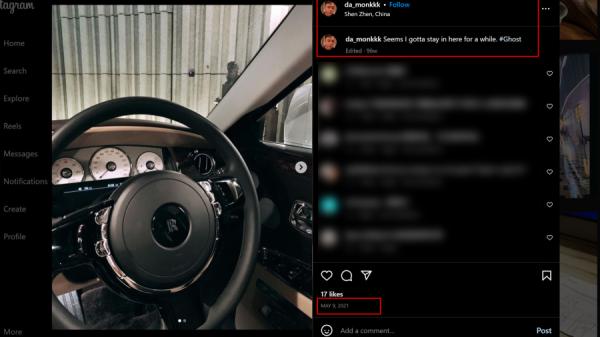 邝港杰还在IG上显示劳斯莱斯名车，图片地点标注为深圳。值得注意的是，车的方向盘在右边，估计该车来自香港。（图片来源：邝港杰IG）