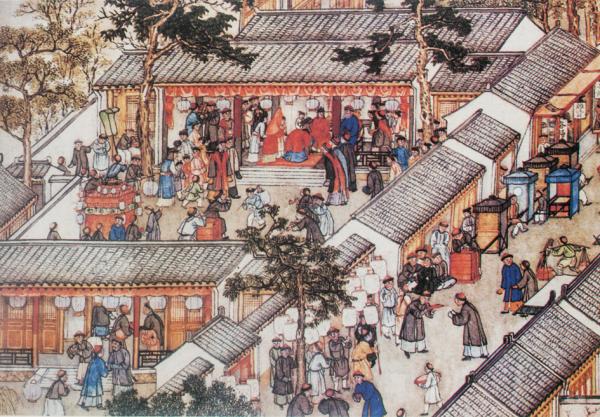 清•徐扬所绘《姑苏繁华图》中描绘新郎、新娘拜堂的过程。（公有领域）