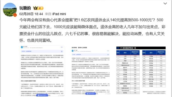 把1.6亿农民退休金从140元提高到500-1000元”的提案会有么？网友所指140元可能是他自己所在地区，根据中共统计，有些地方农民养老金只有105（湖南）（图片来源：网络截图）