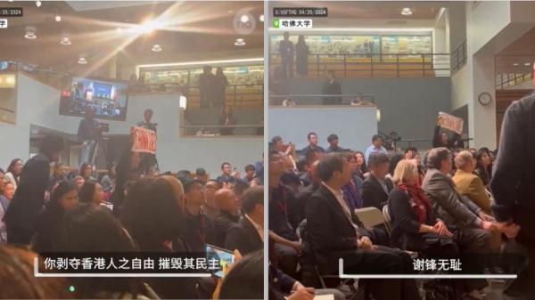 两名女生声音洪亮，吐字清晰抗议谢峰讲演。（图片来源：视频截图）
