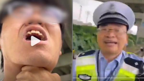 浙江乐清一名交警锁喉执法，被网民骂上热搜。（图片来源：视频截图）