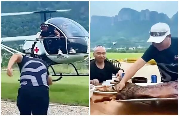 中国红十字会直升机“外送烤全羊”。