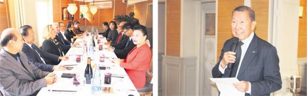 左图：巴黎16区区长嘉慈女士（左排左三）与亚裔代表共进午餐；右图：何福基先生在午餐会上致辞。（摄影：林莲怡/看中国）