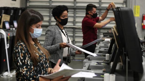 2020年10月14日，佛州工作人员在测试投票机。（图片来源：Joe Raedle/Getty Images）