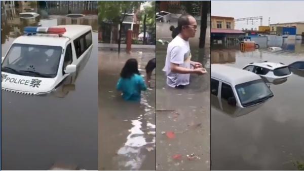 近期中国大陆多省暴雨成灾，洪水将城市街道淹没。（图片来源：视频截图）