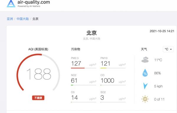 北京政府编制的空气质量指数，仅在188至198，提示为“中度污染”范筹。（图片来源：网络截图）