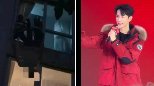 网传照片显示,疑似有两个人将大陆男星于朦胧从窗户扔下。(图片来源:网络图片 视频截图)